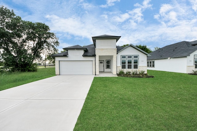 7440 Avenue E Ave E, Beasley, TX 77417 - modern home with stone siding, a front yard, driveway, and a garage