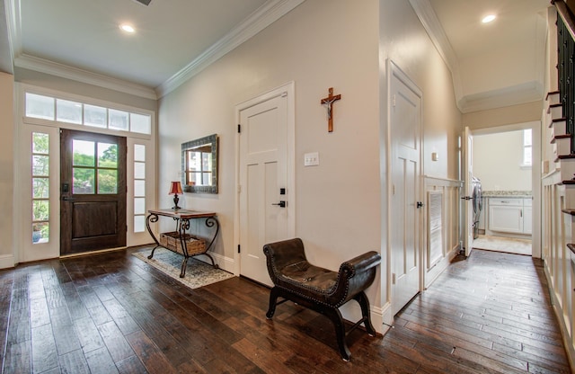 4303 Jonathan St, Bellaire, TX 77401 - entryway with crown molding, dark wood-style flooring, recessed lighting, and baseboards