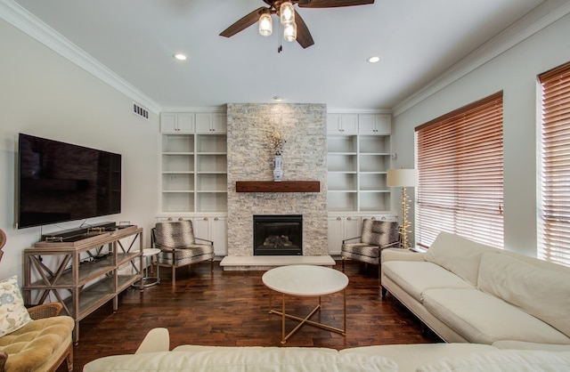 4303 Jonathan St, Bellaire, TX 77401 - living room with ceiling fan, crown molding, wood finished floors, recessed lighting, and a fireplace