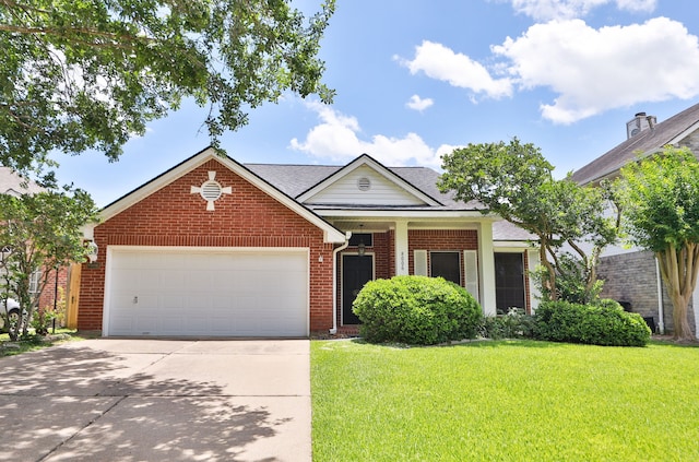8006 Virginia Water Ln, Houston, TX 77095 - view of front facade with a front yard, concrete driveway, brick siding, and a garage
