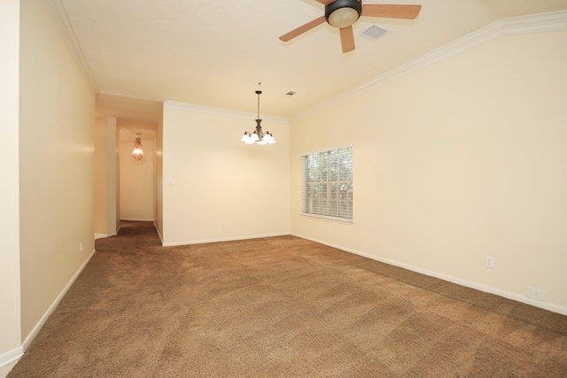 8006 Virginia Water Ln, Houston, TX 77095 - unfurnished room featuring carpet, a chandelier, ornamental molding, and a ceiling fan