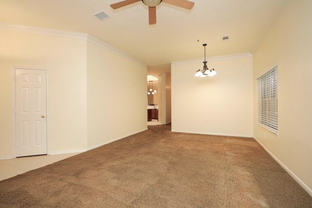 8006 Virginia Water Ln, Houston, TX 77095 - carpeted spare room featuring a chandelier, ornamental molding, and a ceiling fan