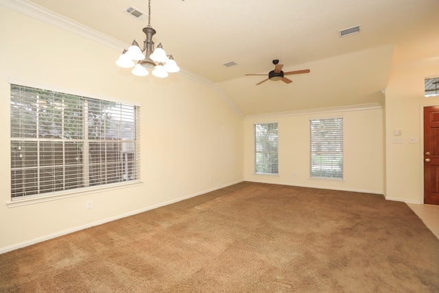 8006 Virginia Water Ln, Houston, TX 77095 - carpeted empty room featuring crown molding, vaulted ceiling, ceiling fan, and a chandelier