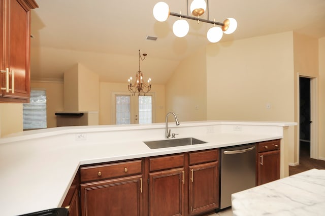 8006 Virginia Water Ln, Houston, TX 77095 - kitchen featuring stainless steel dishwasher, a chandelier, light countertops, and hanging light fixtures