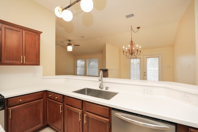 8006 Virginia Water Ln, Houston, TX 77095 - kitchen featuring stainless steel dishwasher, lofted ceiling, plenty of natural light, ceiling fan, and light countertops
