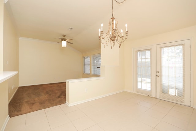 8006 Virginia Water Ln, Houston, TX 77095 - unfurnished dining area featuring vaulted ceiling, healthy amount of natural light, a ceiling fan, a chandelier, and ornamental molding