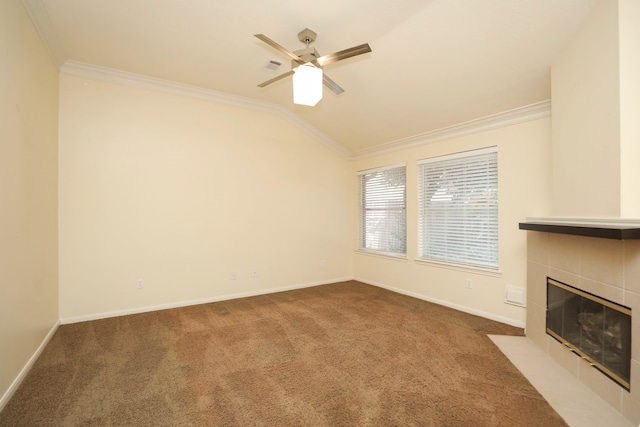 8006 Virginia Water Ln, Houston, TX 77095 - unfurnished living room with crown molding, lofted ceiling, a ceiling fan, carpet flooring, and a tile fireplace