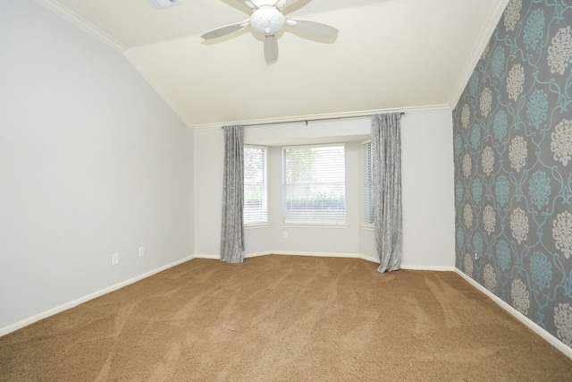 8006 Virginia Water Ln, Houston, TX 77095 - carpeted spare room with crown molding, vaulted ceiling, and a ceiling fan