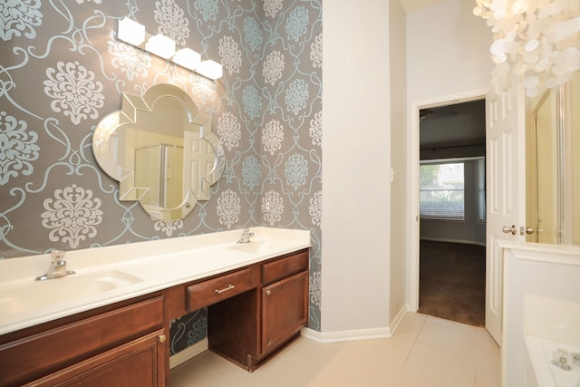 8006 Virginia Water Ln, Houston, TX 77095 - full bathroom with wallpapered walls, double vanity, tile patterned flooring, and a tub to relax in