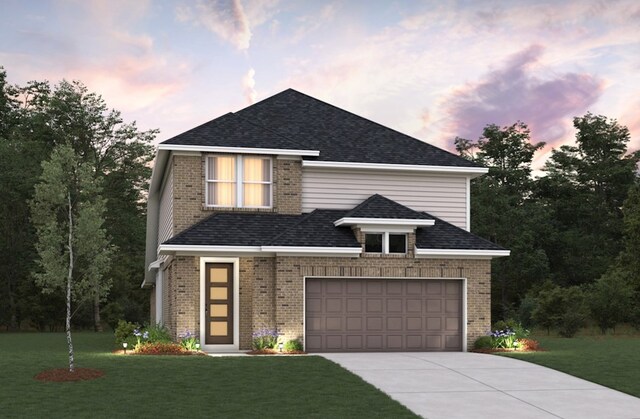 5635 Birchwood Glen Dr, Houston, TX 77493 - view of front of house featuring brick siding, a lawn, driveway, and a shingled roof