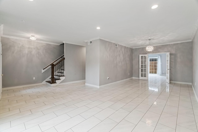 820 Threadneedle St Unit 248, Houston, TX 77079 - empty room featuring stairway, recessed lighting, a chandelier, light tile patterned floors, and crown molding