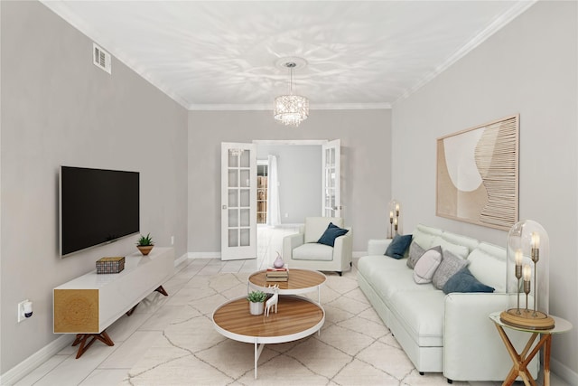 820 Threadneedle St Unit 248, Houston, TX 77079 - living room featuring french doors, a chandelier, ornamental molding, and light tile patterned floors
