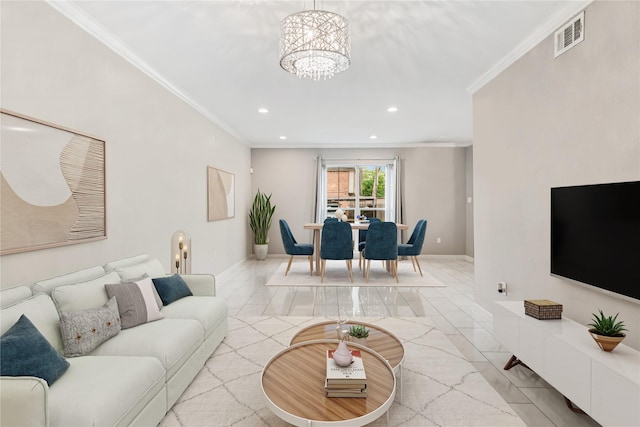 820 Threadneedle St Unit 248, Houston, TX 77079 - living room with ornamental molding, a chandelier, recessed lighting, and light tile patterned floors