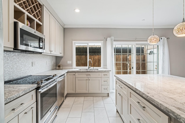 820 Threadneedle St Unit 248, Houston, TX 77079 - kitchen with stainless steel appliances, ornamental molding, light stone countertops, tasteful backsplash, and decorative light fixtures