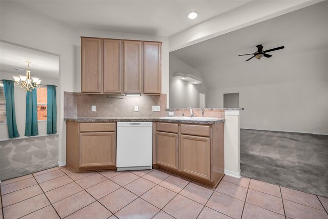 18423 Grove Brook Ln, Cypress, TX 77429 - kitchen featuring white dishwasher, light carpet, a chandelier, ceiling fan, and open floor plan