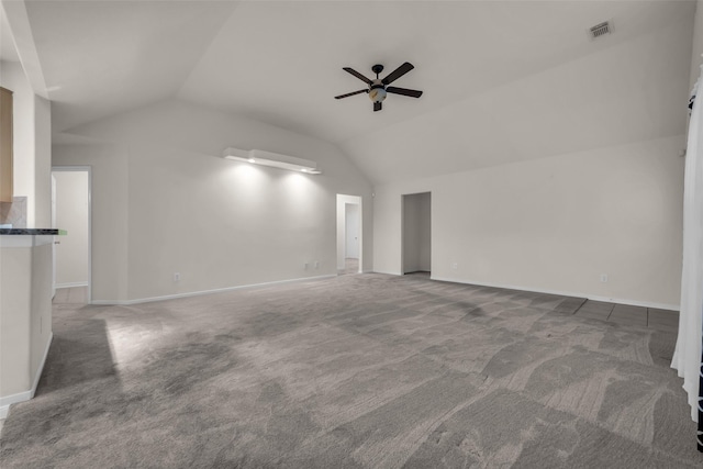18423 Grove Brook Ln, Cypress, TX 77429 - unfurnished living room with ceiling fan, lofted ceiling, and carpet flooring
