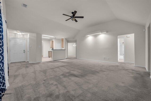 18423 Grove Brook Ln, Cypress, TX 77429 - unfurnished living room featuring lofted ceiling, ceiling fan, and light carpet