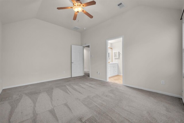 18423 Grove Brook Ln, Cypress, TX 77429 - unfurnished bedroom featuring vaulted ceiling, carpet, ensuite bath, and ceiling fan