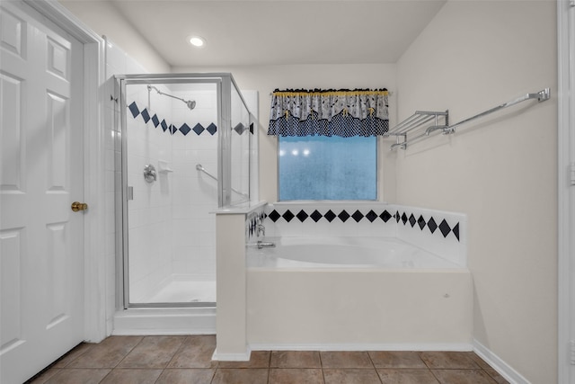 18423 Grove Brook Ln, Cypress, TX 77429 - full bathroom featuring a bath, a stall shower, tile patterned floors, and recessed lighting