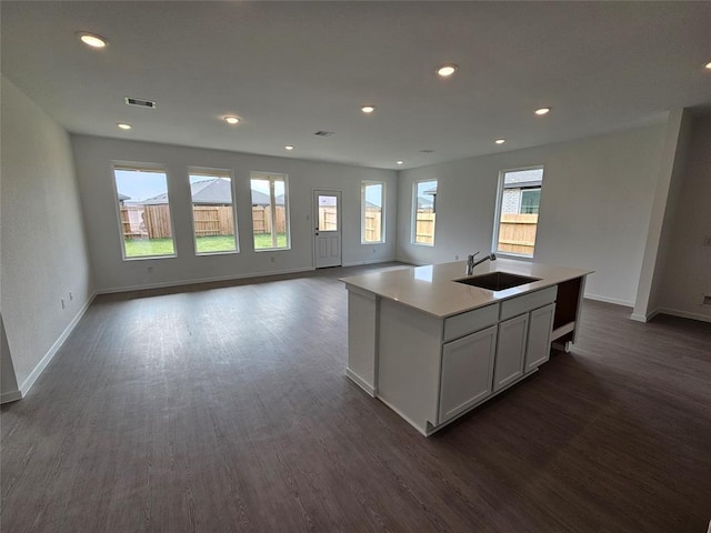 3068 Ruby Ridge Dr, Katy, TX 77493 - kitchen with a sink, dark wood-style floors, baseboards, plenty of natural light, and recessed lighting