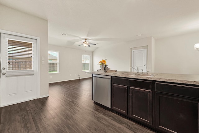 20910 Corisande St, Katy, TX 77449 - kitchen featuring stainless steel dishwasher, ceiling fan, dark wood finished floors, light countertops, and open floor plan