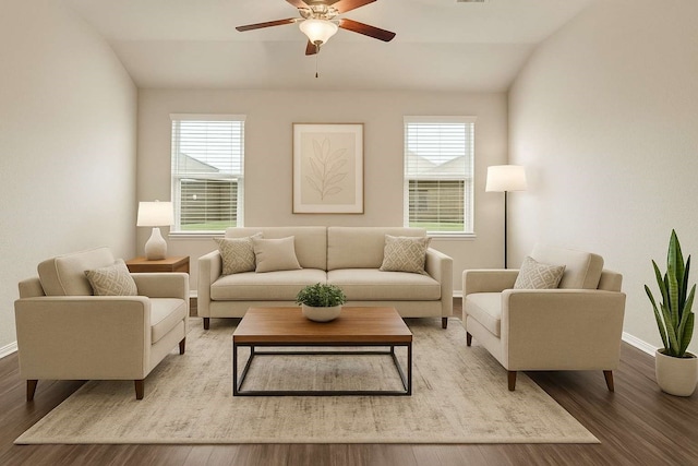20910 Corisande St, Katy, TX 77449 - living area with ceiling fan, wood finished floors, lofted ceiling, and healthy amount of natural light
