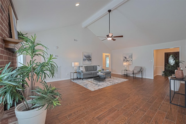 6526 Mert St, Katy, TX 77493 - living area featuring a ceiling fan, beam ceiling, wood finished floors, high vaulted ceiling, and baseboards
