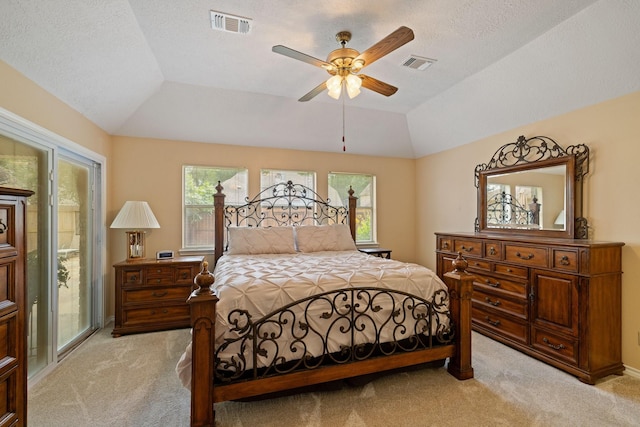 12910 Lake Mist Dr, Cypress, TX 77429 - bedroom with light carpet, vaulted ceiling, multiple windows, access to outside, and ceiling fan