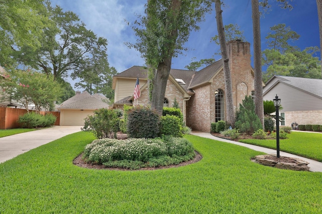 12910 Lake Mist Dr, Cypress, TX 77429 - view of front of house with brick siding, a chimney, a garage, and roof with shingles