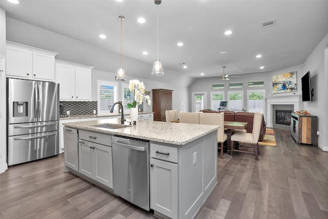 20423 Noble Arabian Dr, Tomball, TX 77377 - kitchen with appliances with stainless steel finishes, a ceiling fan, wood finished floors, plenty of natural light, and recessed lighting