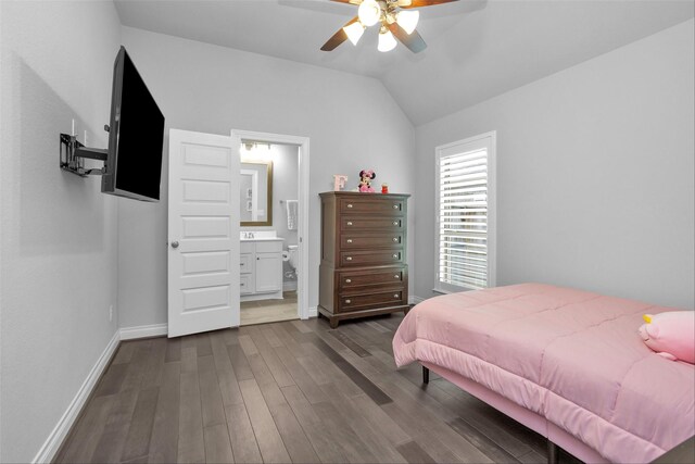 20423 Noble Arabian Dr, Tomball, TX 77377 - bedroom with dark wood-type flooring, lofted ceiling, ensuite bathroom, and ceiling fan