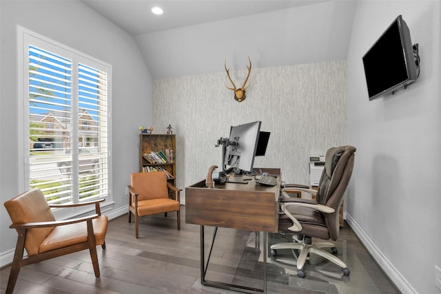 20423 Noble Arabian Dr, Tomball, TX 77377 - office with wood finished floors, vaulted ceiling, and wallpapered walls