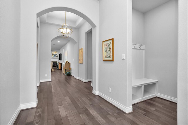 20423 Noble Arabian Dr, Tomball, TX 77377 - hall with dark wood-style flooring, a tray ceiling, a chandelier, and arched walkways
