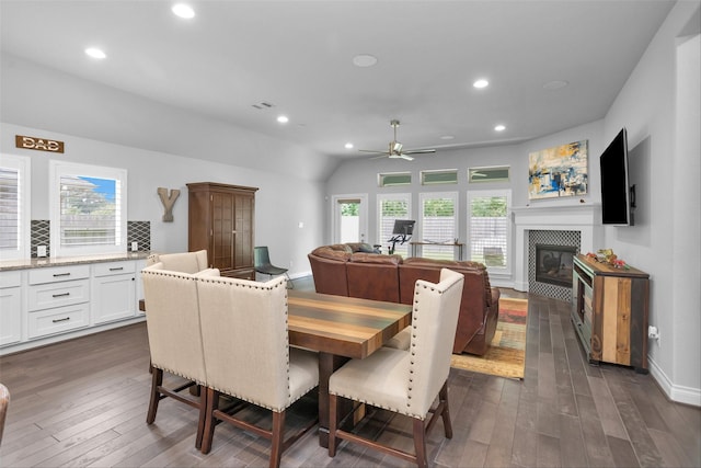 20423 Noble Arabian Dr, Tomball, TX 77377 - dining space with a ceiling fan, dark wood finished floors, recessed lighting, plenty of natural light, and vaulted ceiling