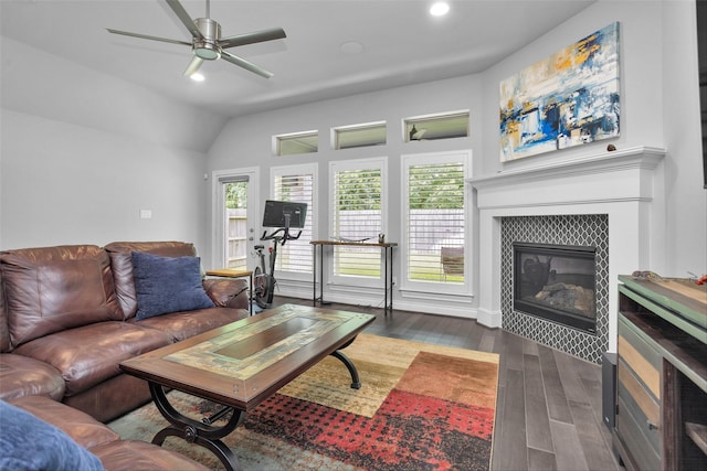20423 Noble Arabian Dr, Tomball, TX 77377 - living room with wood finished floors, a ceiling fan, a glass covered fireplace, lofted ceiling, and recessed lighting