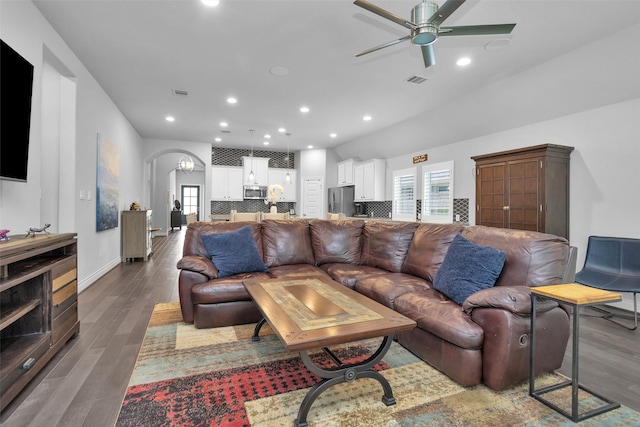 20423 Noble Arabian Dr, Tomball, TX 77377 - living room featuring ceiling fan, wood finished floors, recessed lighting, and arched walkways