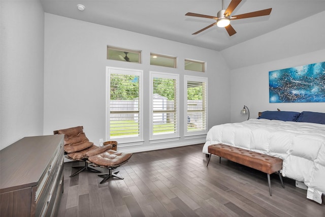 20423 Noble Arabian Dr, Tomball, TX 77377 - bedroom with dark wood-style floors, lofted ceiling, and ceiling fan