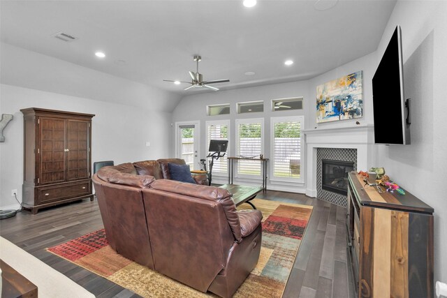 20423 Noble Arabian Dr, Tomball, TX 77377 - living area featuring a ceiling fan, recessed lighting, a fireplace, wood finished floors, and lofted ceiling