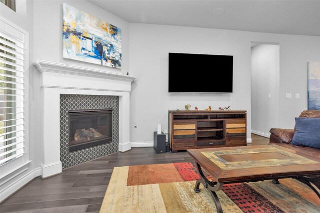 20423 Noble Arabian Dr, Tomball, TX 77377 - living room featuring dark wood-type flooring and a glass covered fireplace