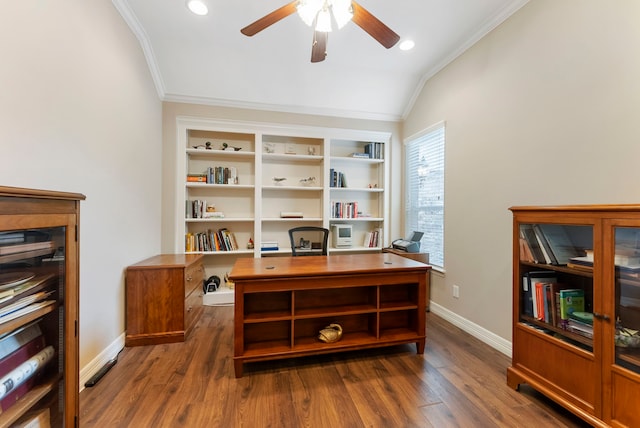25514 Long Iron Ct, Spring, TX 77389 - home office featuring a ceiling fan, crown molding, dark wood-style floors, lofted ceiling, and recessed lighting