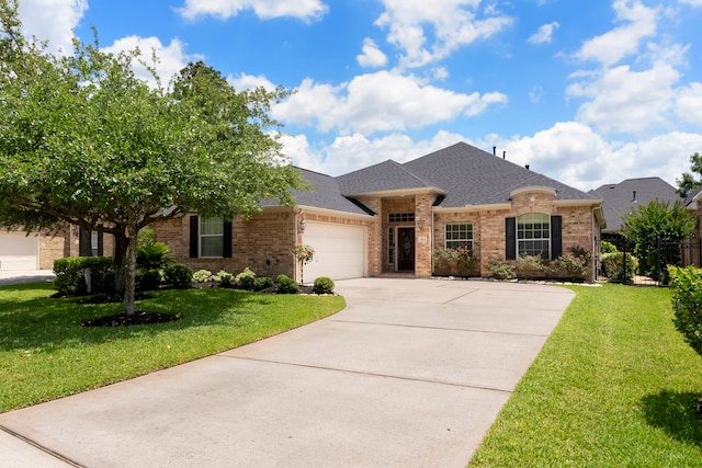 25514 Long Iron Ct, Spring, TX 77389 - view of front of house with brick siding, an attached garage, driveway, a front lawn, and a shingled roof