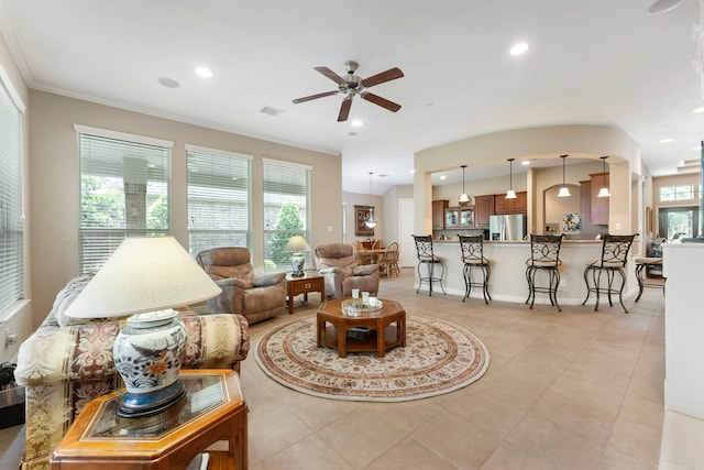 25514 Long Iron Ct, Spring, TX 77389 - living room featuring a ceiling fan, light tile patterned floors, recessed lighting, and crown molding