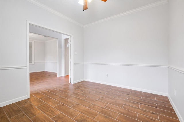 3606 Mira Glen Dr, Pearland, TX 77584 - empty room featuring a ceiling fan, crown molding, wood finished floors, and baseboards
