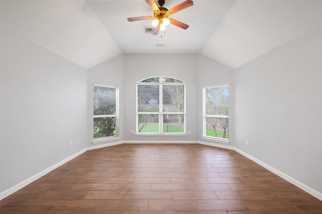 3606 Mira Glen Dr, Pearland, TX 77584 - empty room featuring ceiling fan, dark wood finished floors, vaulted ceiling, and baseboards