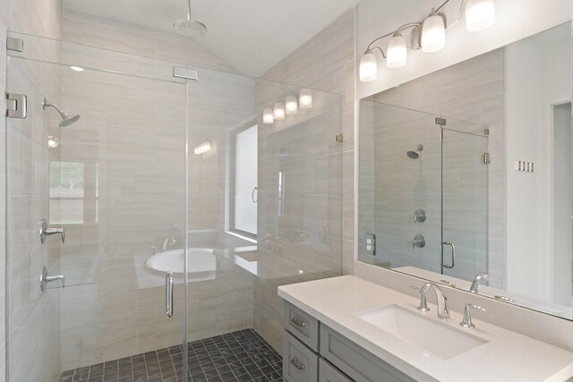 27423 Parker Spring Ct, Katy, TX 77494 - full bath featuring vanity, a stall shower, and lofted ceiling