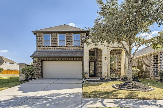 19251 N Cottonwood Green Ln, Cypress, TX 77433 - traditional-style home with an attached garage, concrete driveway, a front lawn, brick siding, and roof with shingles