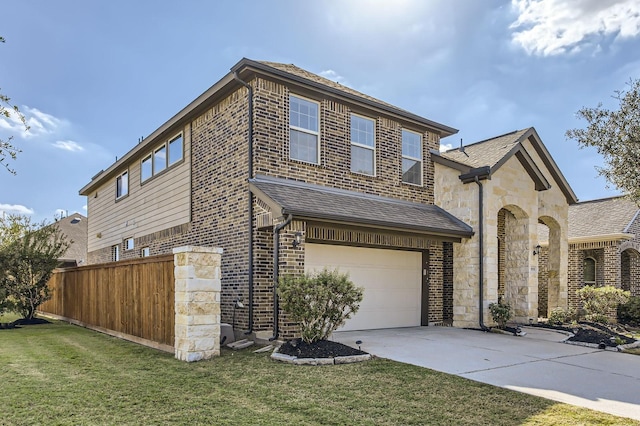 19251 N Cottonwood Green Ln, Cypress, TX 77433 - view of front of home featuring an attached garage, driveway, brick siding, stone siding, and roof with shingles