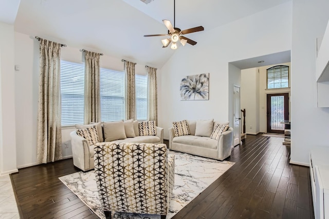 19251 N Cottonwood Green Ln, Cypress, TX 77433 - living area with high vaulted ceiling, a ceiling fan, dark wood-style floors, and baseboards