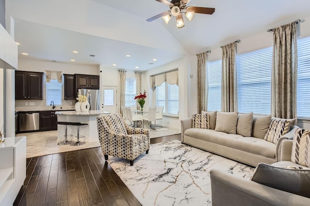 19251 N Cottonwood Green Ln, Cypress, TX 77433 - living area featuring a ceiling fan, wood finished floors, lofted ceiling, and recessed lighting