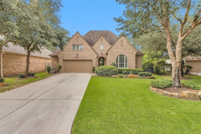 7 Woodglade Way, Tomball, TX 77375 - french country home featuring brick siding, driveway, a front lawn, and an attached garage